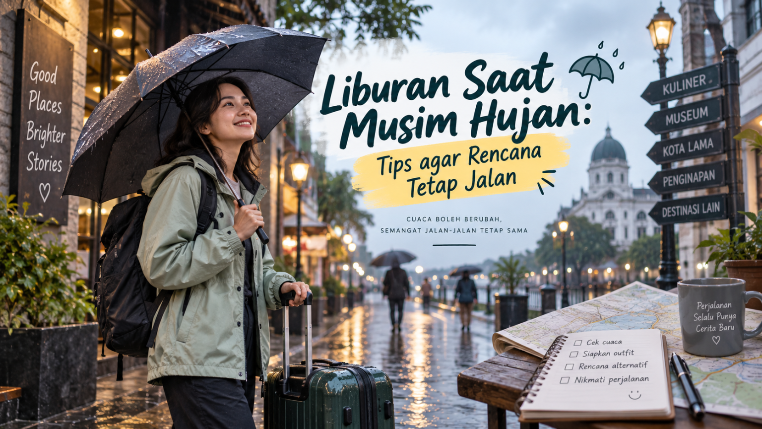 Alt text: `Liburan saat musim hujan dengan payung, koper, dan rencana perjalanan fleksibel agar tetap nyaman`
