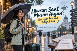 Alt text: `Liburan saat musim hujan dengan payung, koper, dan rencana perjalanan fleksibel agar tetap nyaman`