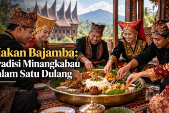Tradisi makan bajamba Minangkabau dengan keluarga makan bersama dalam satu dulang